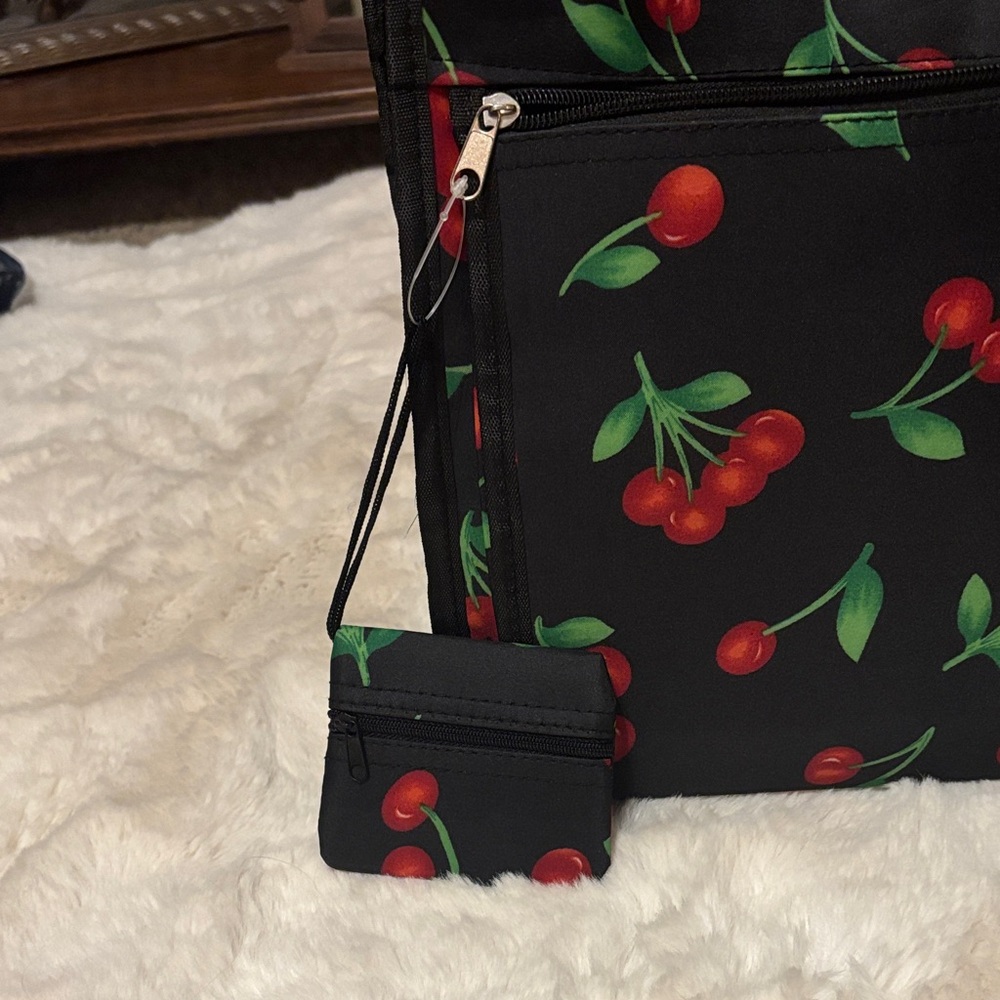 Cherry Print Black Tote Bag-NWOT - Picture 3 of 6